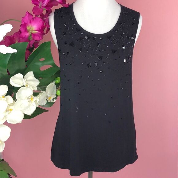 Guess Black Beaded Scoop Neck Sleeveless Keyhole Tank Top S/M - Picture 1 of 11